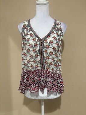 Patrons of Peace Floral V-Neck Peplum Camisole - Cream & Burgundy